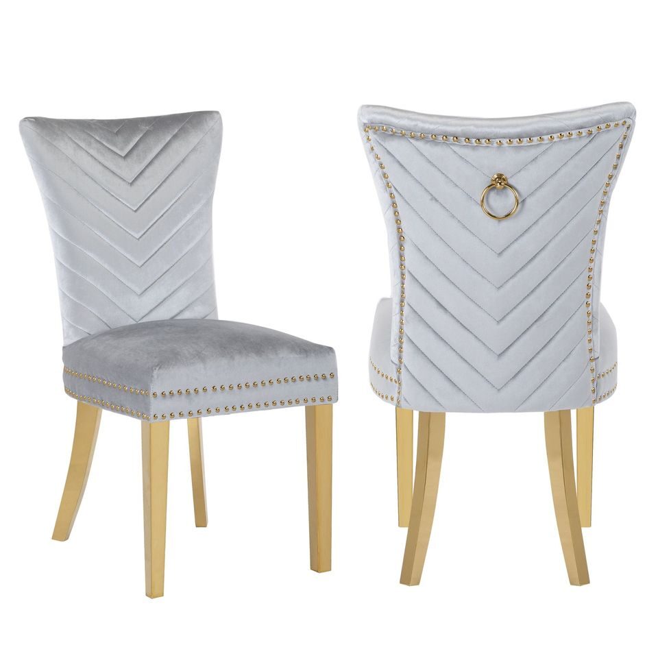 2 piece gold legs dining chairs finished with velvet fabric in silver by Galaxy