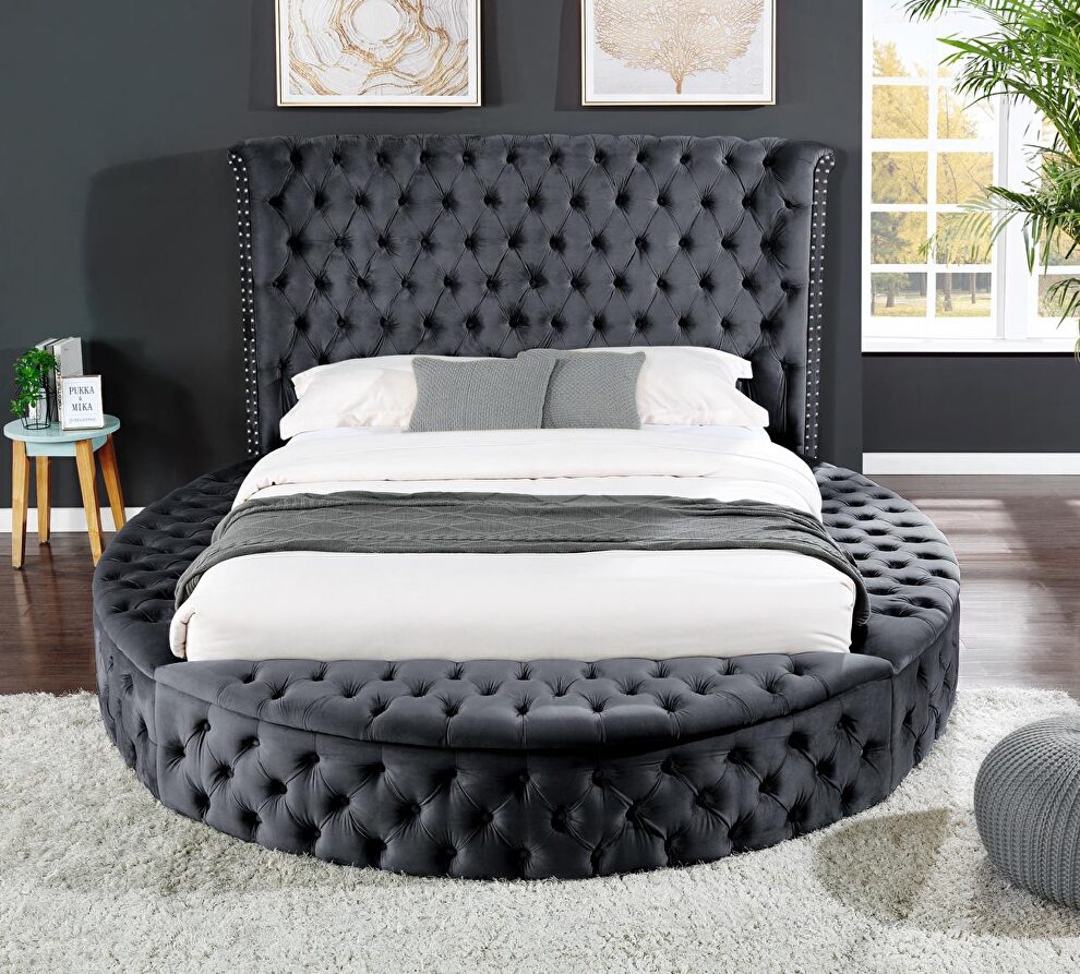 Round velvet glam style king bed w/ storage in rails by Galaxy