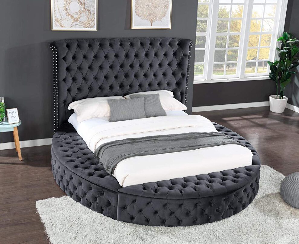 Round velvet glam style queen bed w/ storage in rails by Galaxy