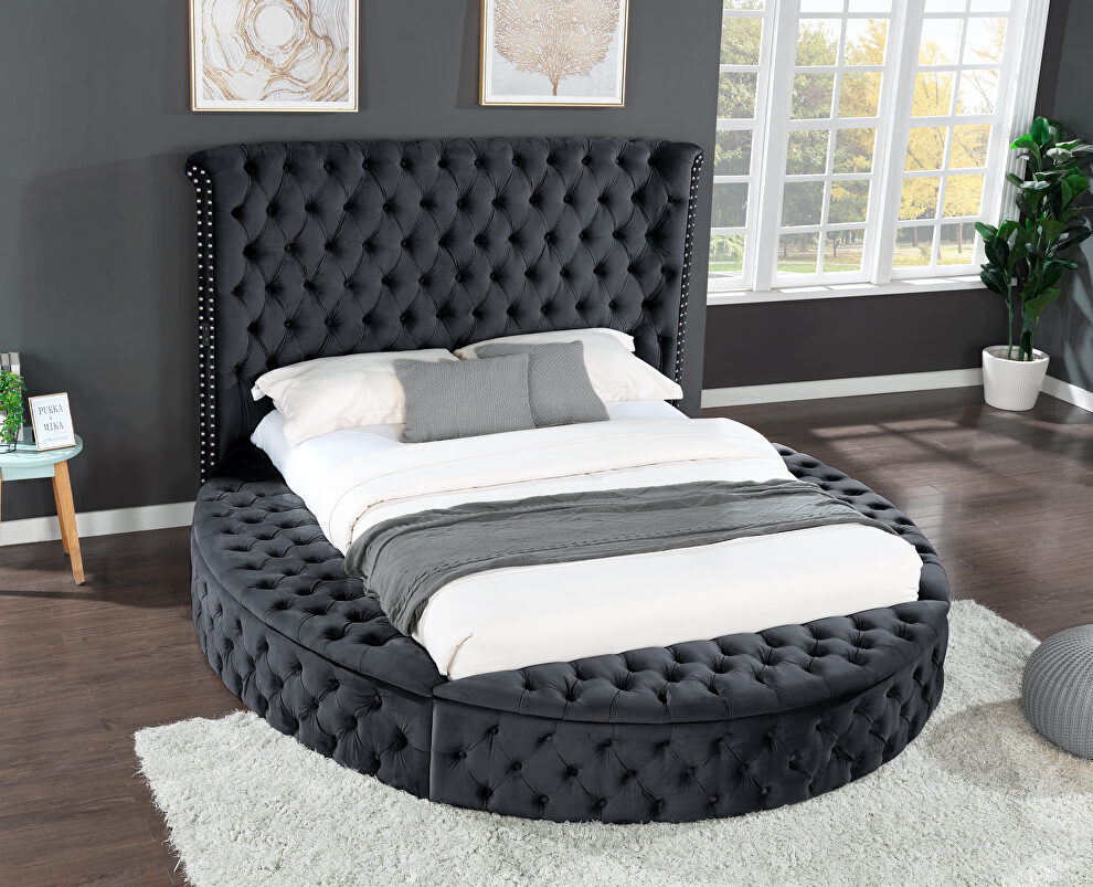 Round velvet upholstery glam style king bed w/ storage in rails by Galaxy