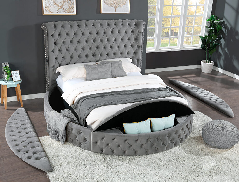 Round gray velvet glam style king bed w/ storage in rails by Galaxy