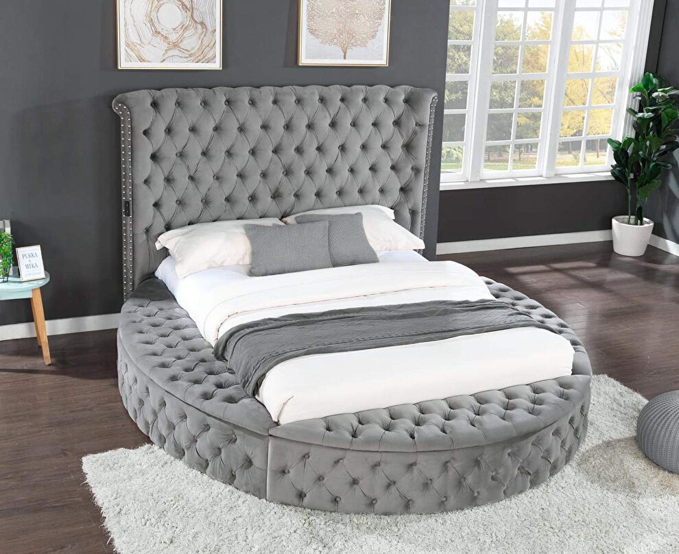 Round gray velvet glam style queen bed w/ storage in rails by Galaxy