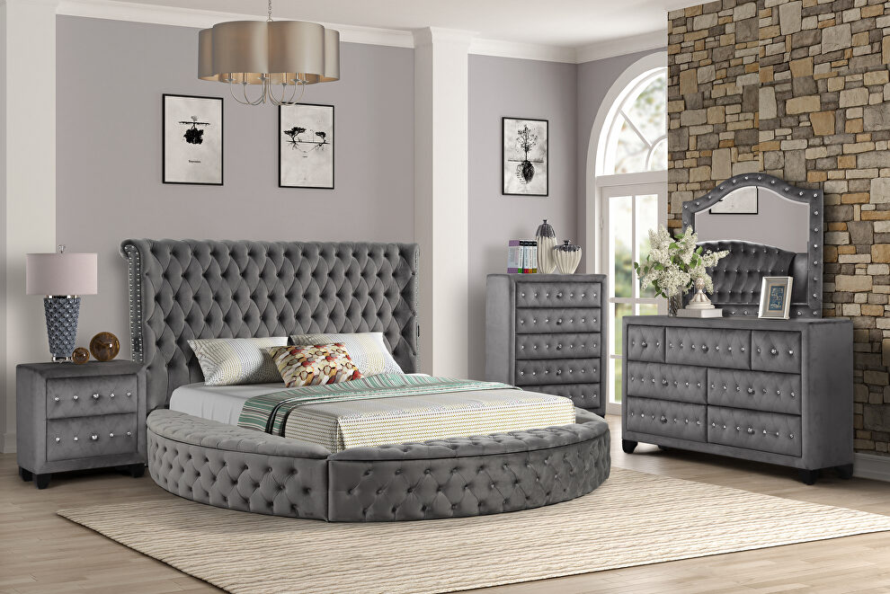 Gray velvet upholstery glam style queen bed w/ storage in rails by Galaxy