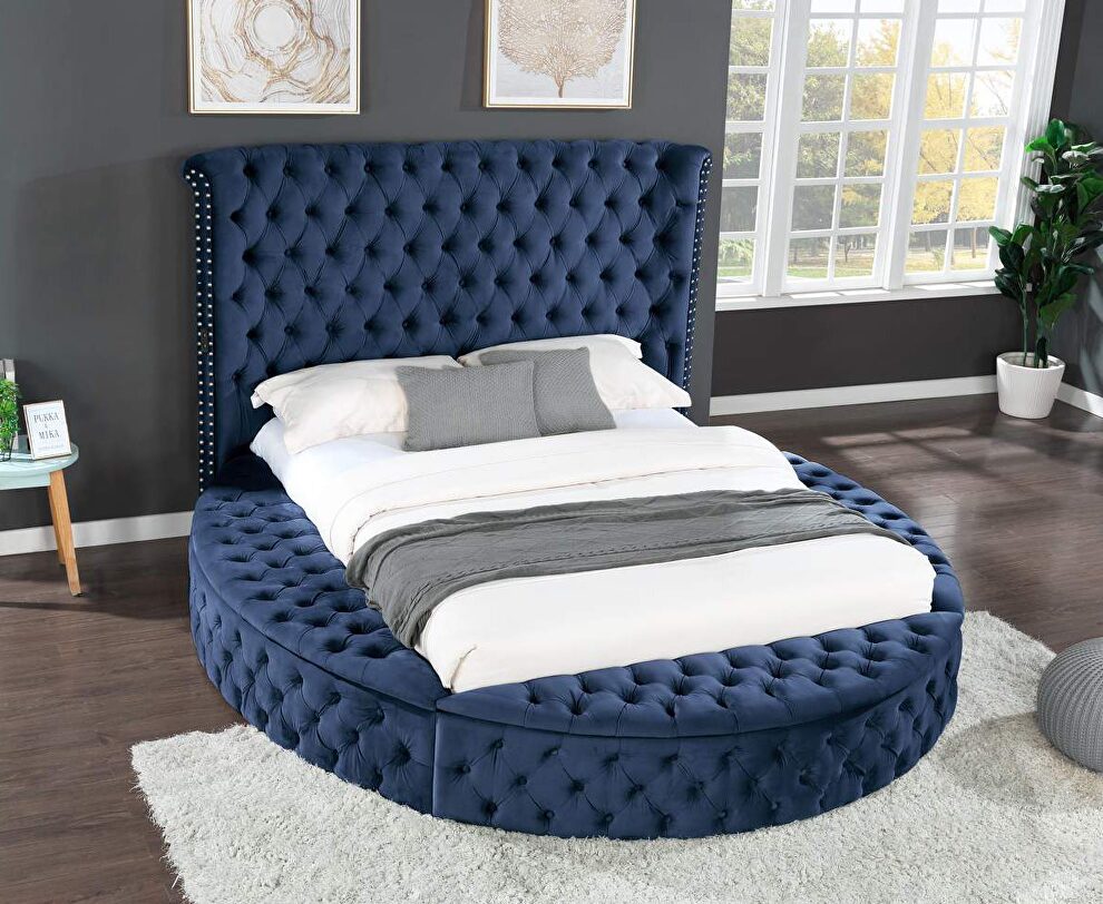 Round navy velvet glam style queen bed w/ storage in rails by Galaxy