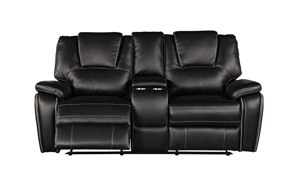 Faux leather upholstery power reclining loveseat in black by Galaxy