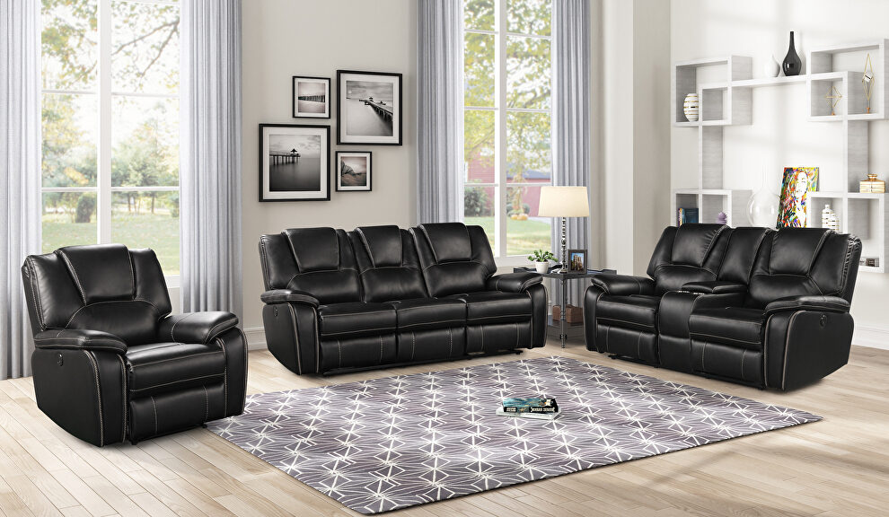 Faux leather upholstery power reclining sofa in black by Galaxy