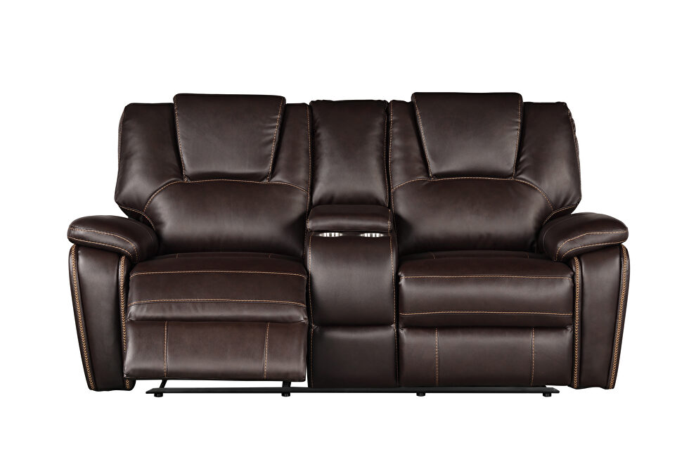 Faux leather upholstery power reclining loveseat in brown by Galaxy