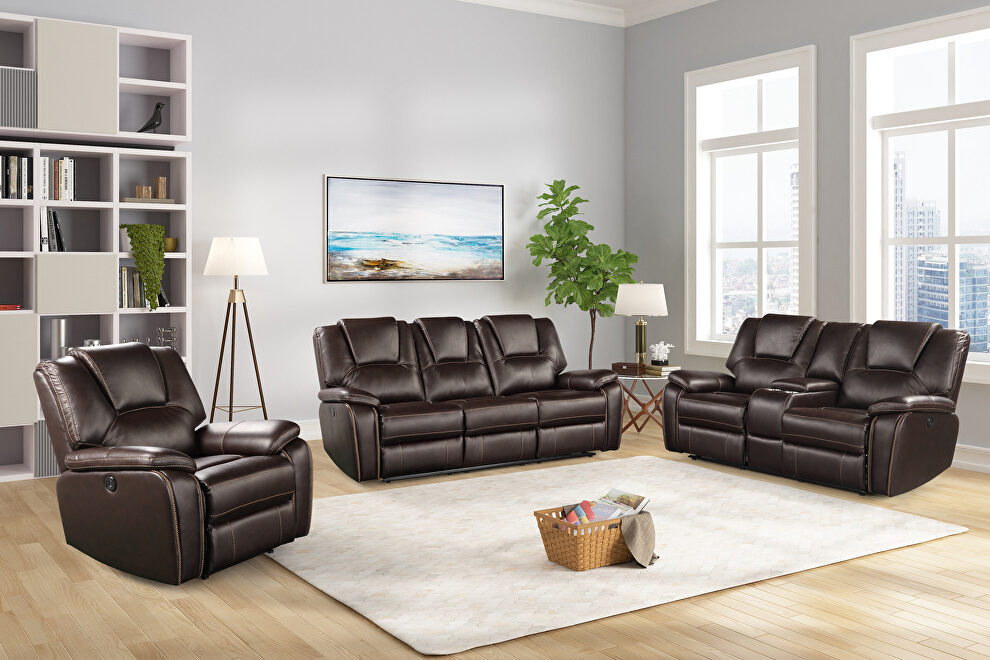 Faux leather upholstery power reclining sofa in brown by Galaxy