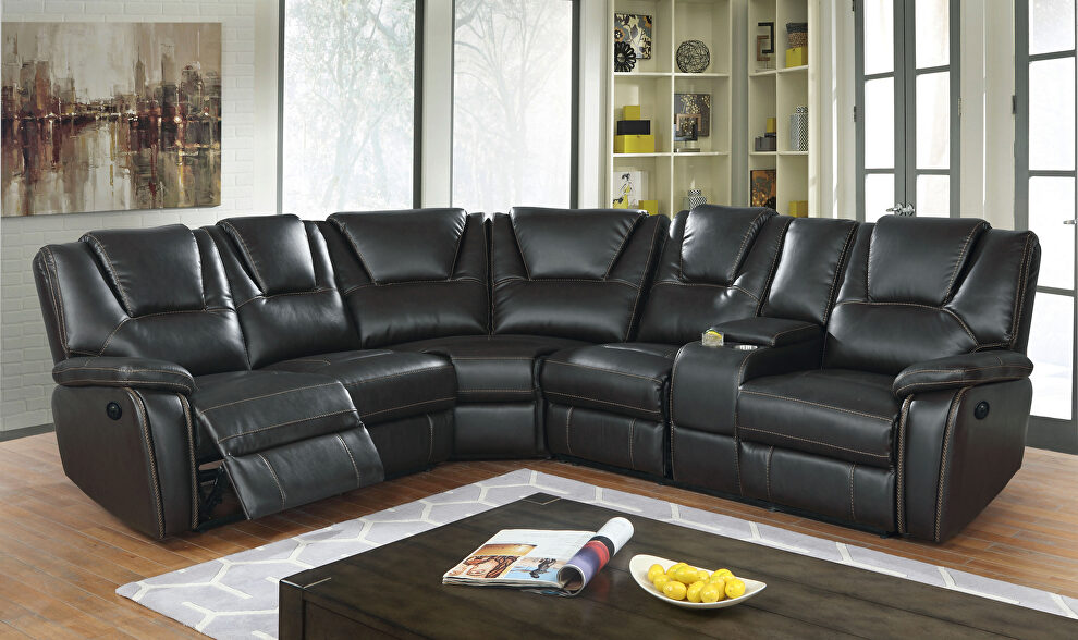 Black faux leather upholstery power reclining sectional sofa w/ usb by Galaxy