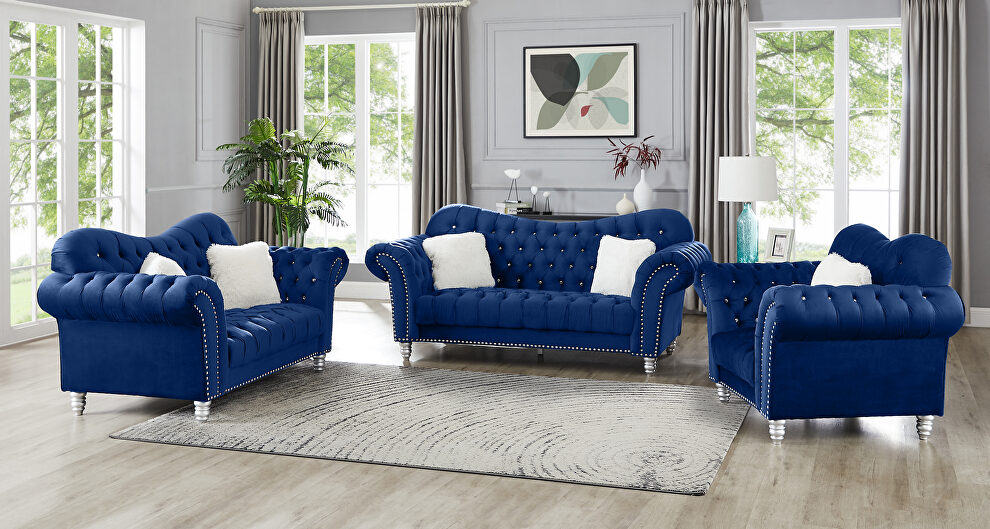 Navy finish tufted upholstered luxurious velvet sofa by Galaxy