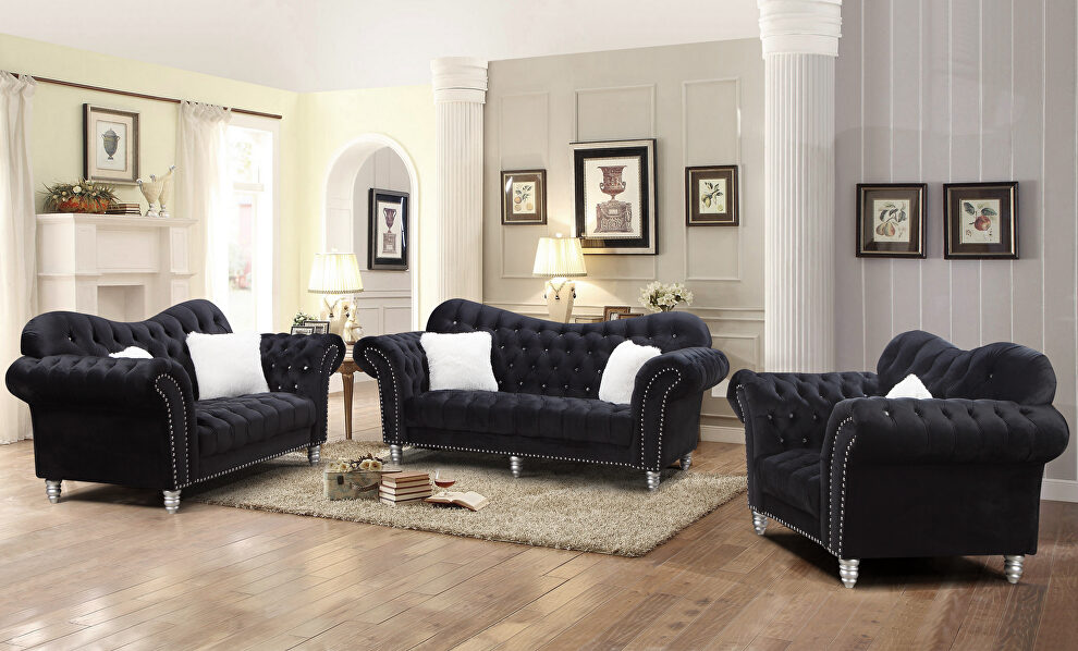 Black finish tufted upholstered luxurious velvet sofa by Galaxy