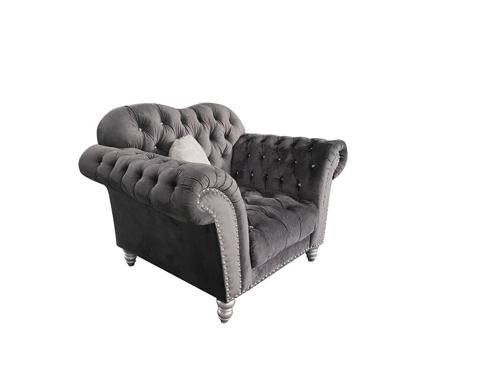 Gray finish tufted upholstered luxurious velvet chair by Galaxy