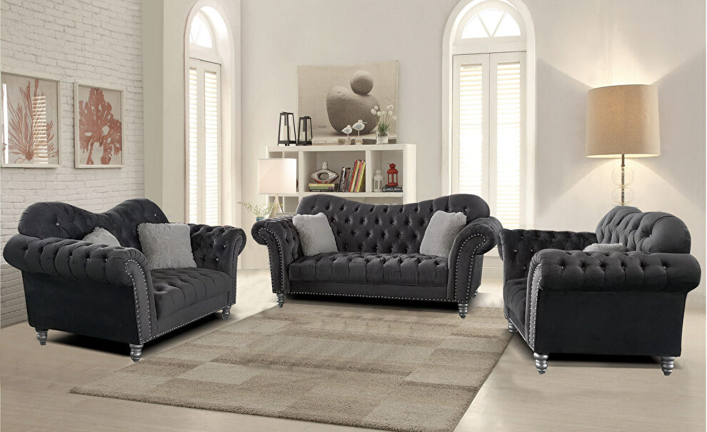 Gray finish tufted upholstered luxurious velvet sofa by Galaxy