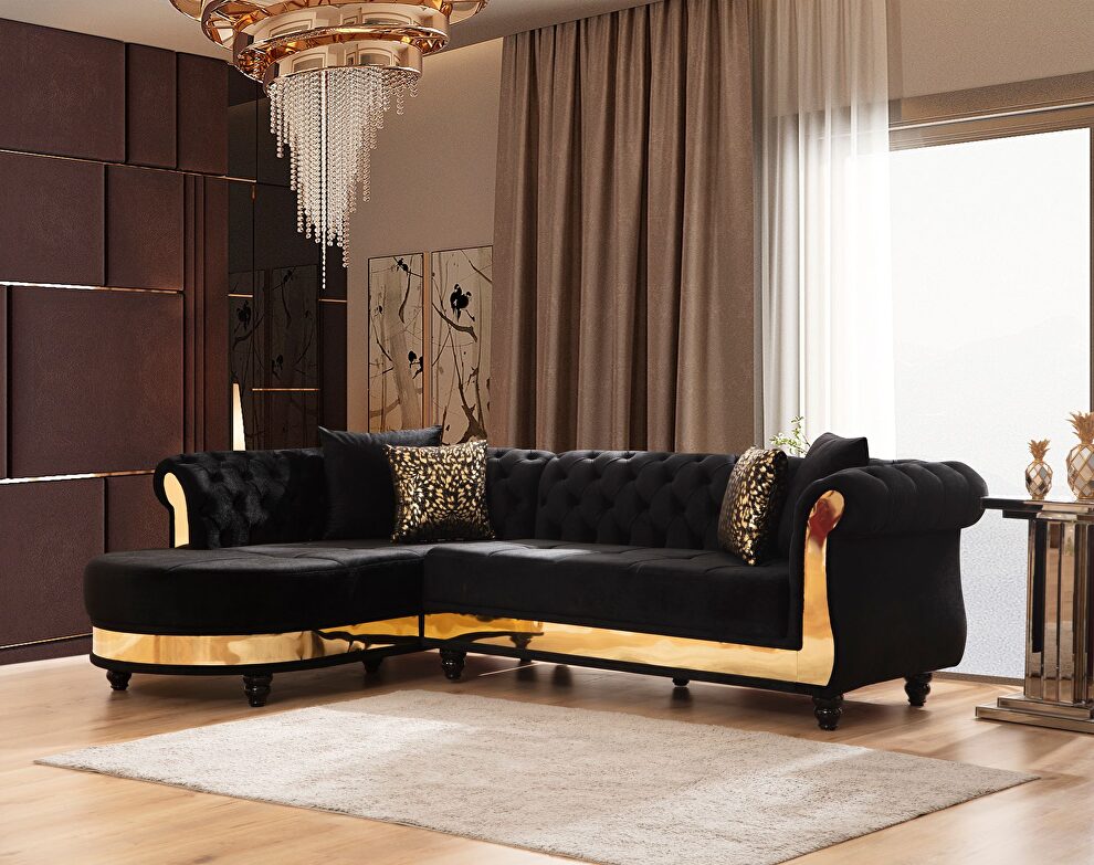 Sectional made with velvet fabric in black by Galaxy