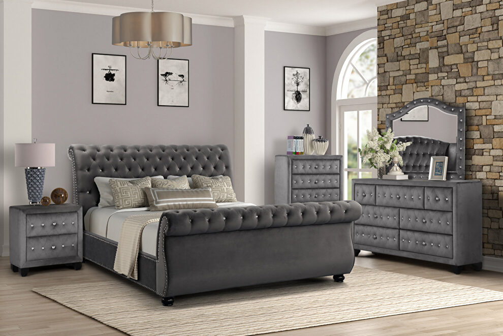 Gray velvet contemporary design queen bed by Galaxy