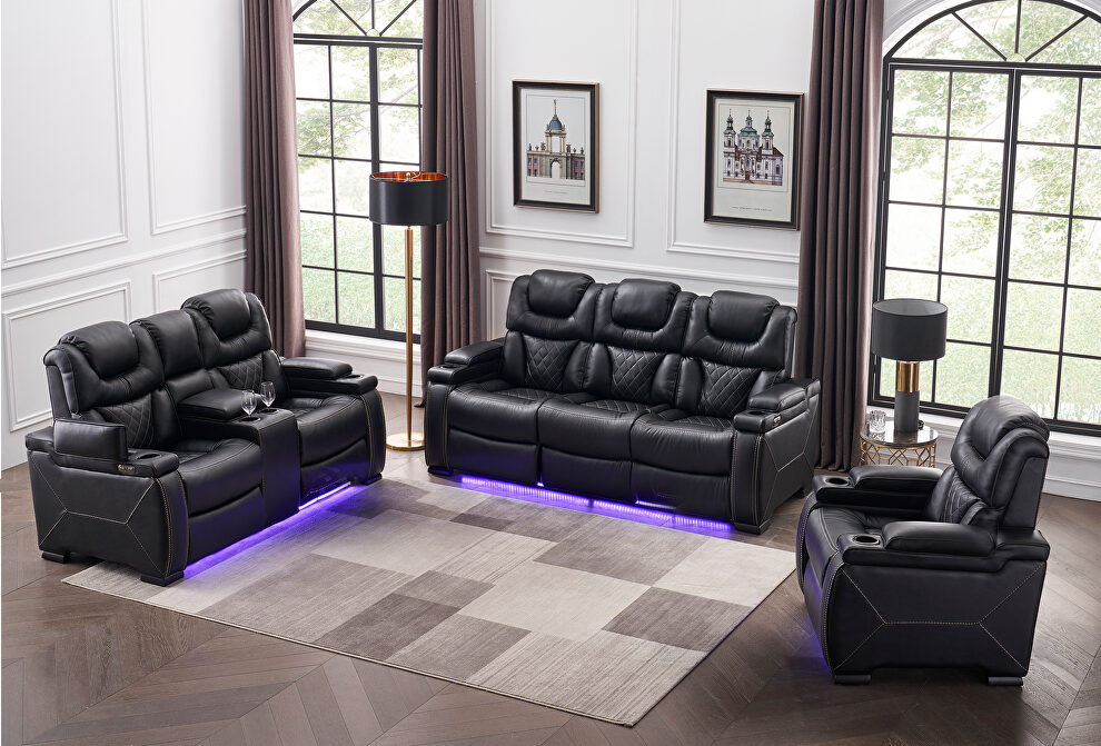 Black faux leather upholstery power reclining sofa w/ usb and led light by Galaxy