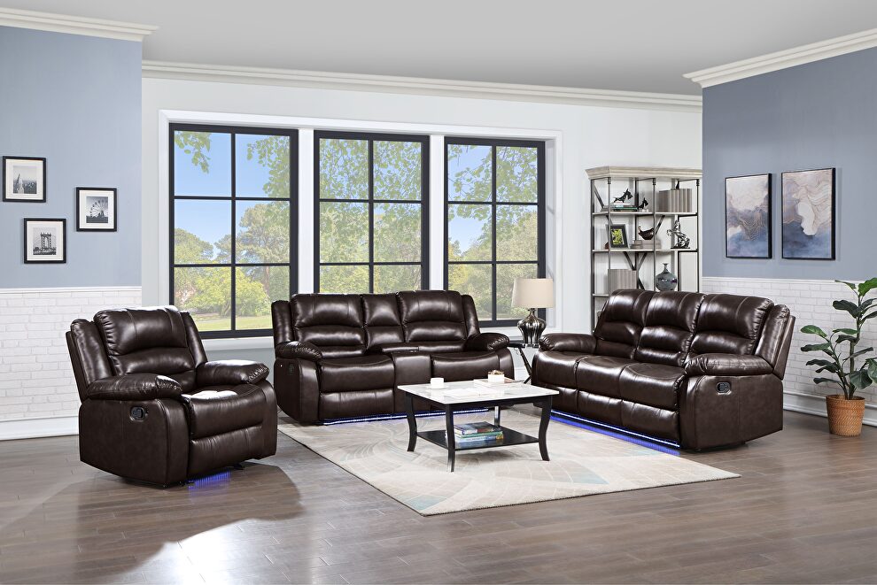 Manual reclining sofa made with faux leather in brown by Galaxy