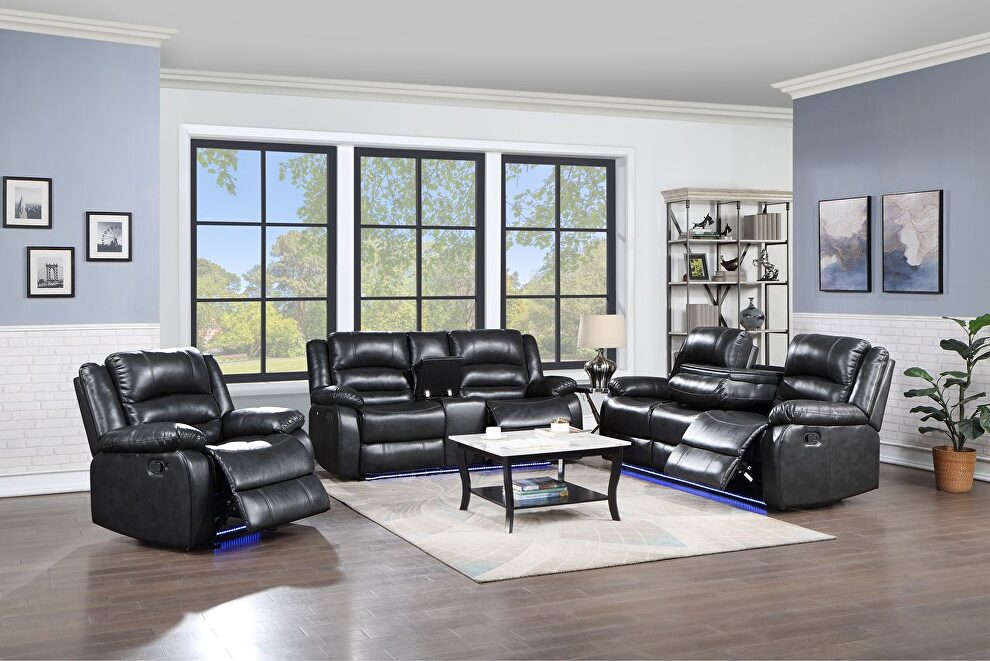 Manual reclining sofa made with faux leather in black by Galaxy