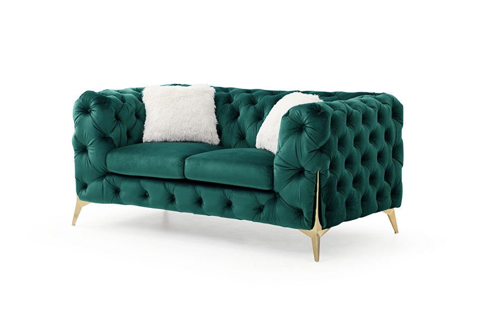Green finish tufted upholstery luxurious velvet loveseat by Galaxy