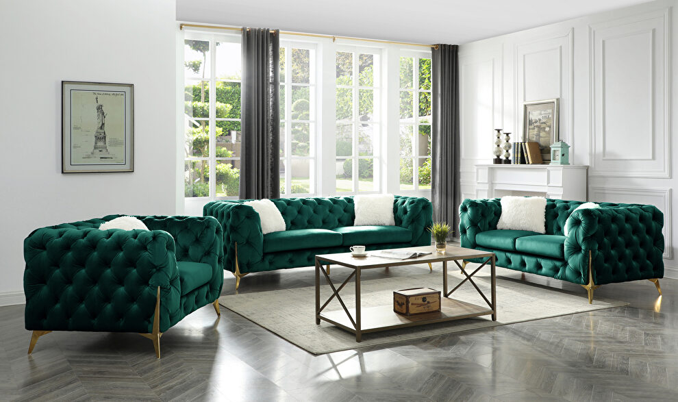Green finish tufted upholstery luxurious velvet sofa by Galaxy