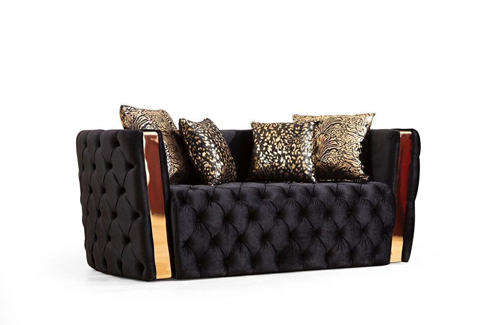 Button tufted loveseat with velvet fabric and gold accent in black by Galaxy