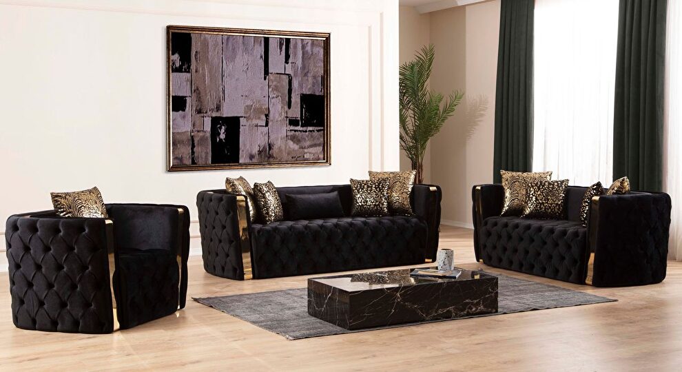 Button tufted sofa with velvet fabric and gold accent in black by Galaxy