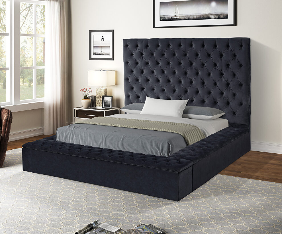 Square black velvet glam style queen bed w/ storage in rails by Galaxy