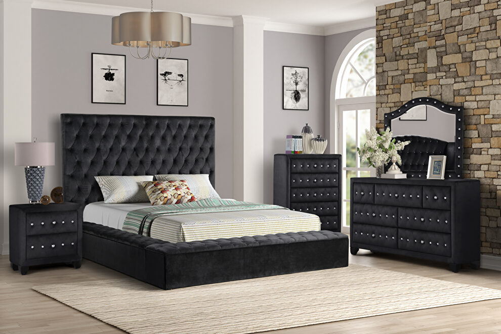 Black velvet glam style queen bed w/ storage in rails by Galaxy