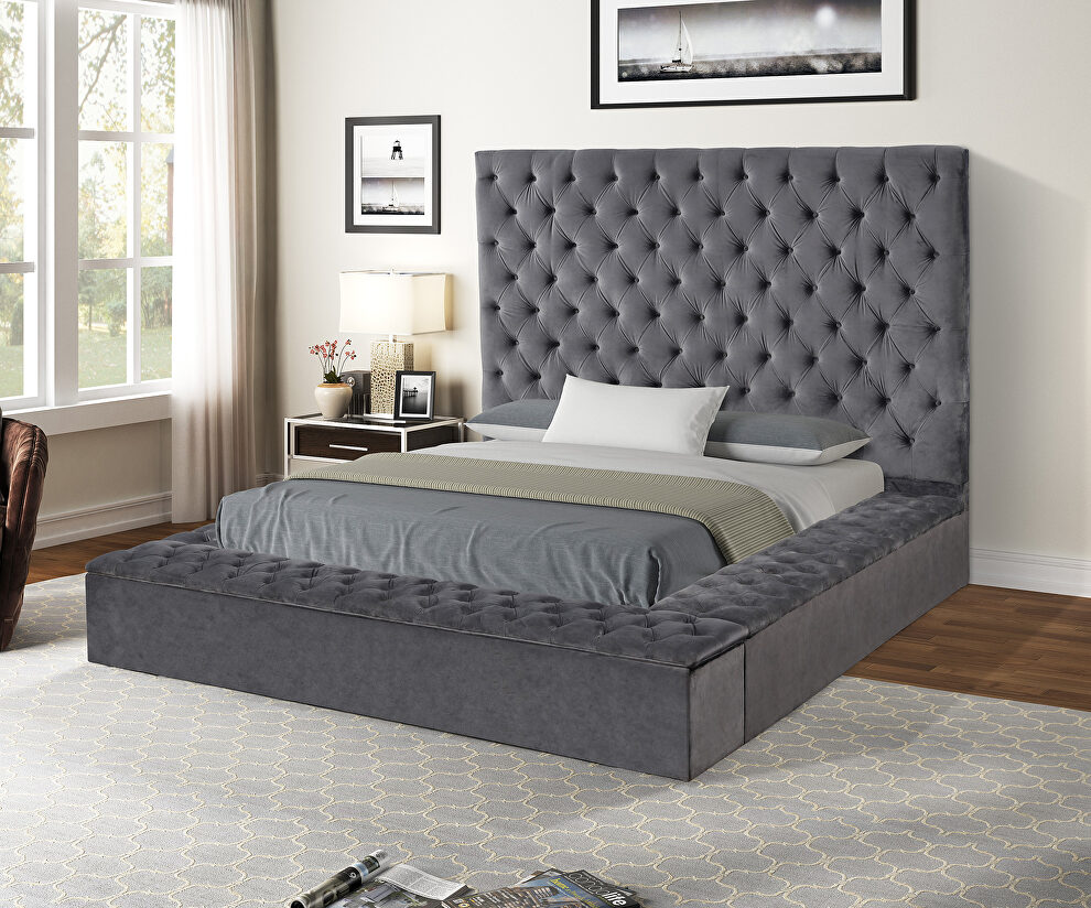 Square gray velvet glam style queen bed w/ storage in rails by Galaxy
