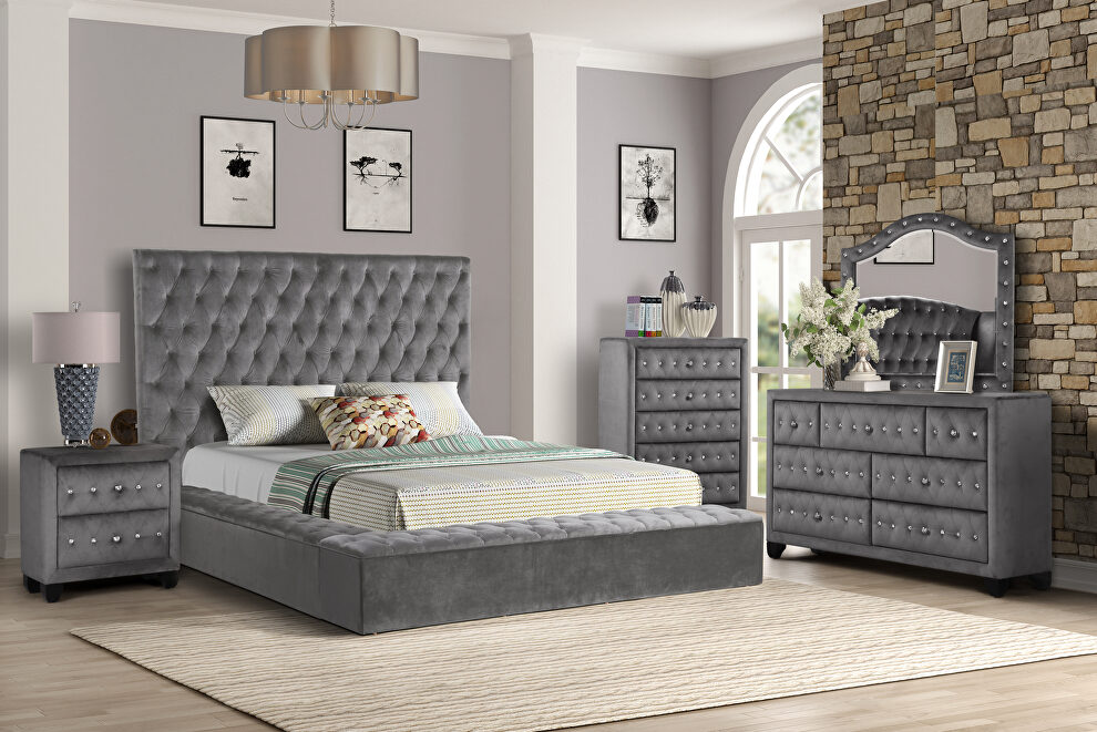 Gray velvet glam style queen bed w/ storage in rails by Galaxy