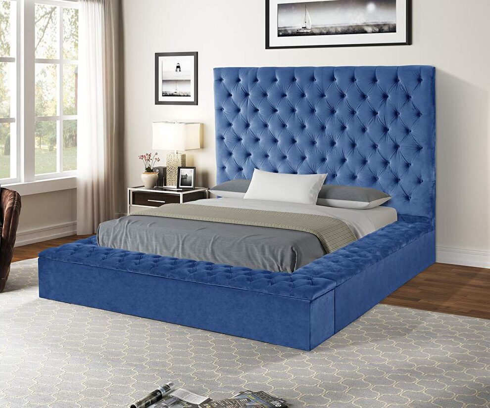 Square navy velvet glam style king bed w/ storage in rails by Galaxy