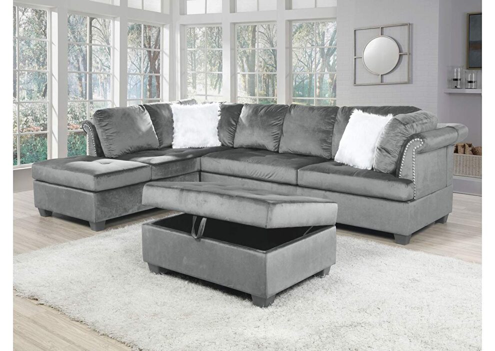 Gray finish beautiful velvet fabric upholstery sectional sofa by Galaxy