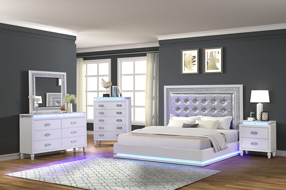 Milky white finish wood queen bed w/ led light in headboard by Galaxy