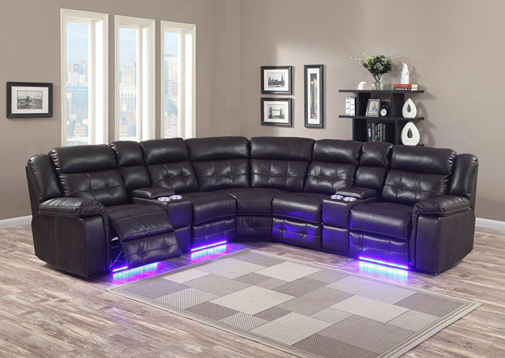 Espresso leatheraire material upholstery power sectional sofa w/ led lights by Galaxy
