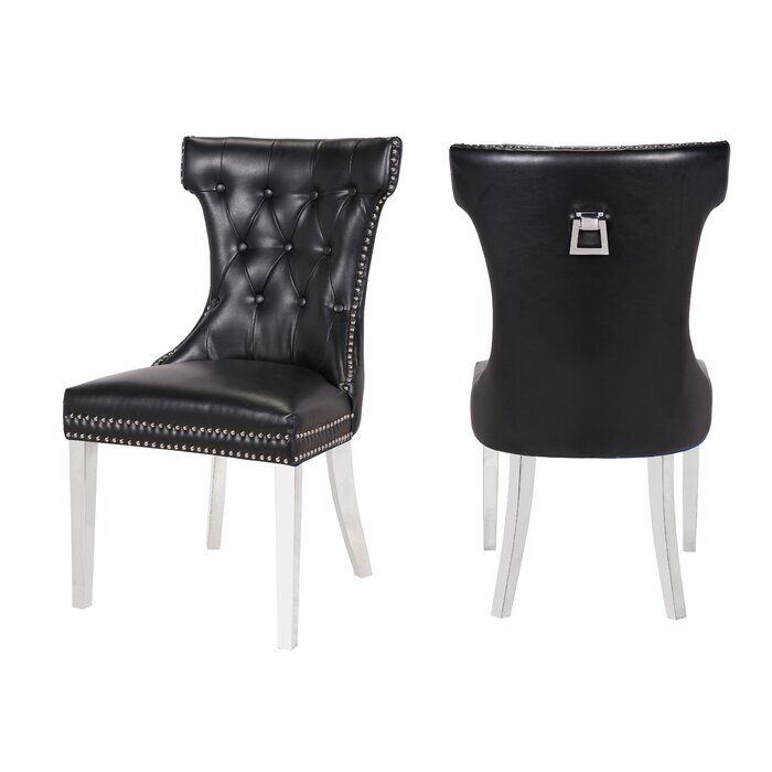 Black faux leather fabric upholstery/ stainless steel legs dining chairs by Galaxy