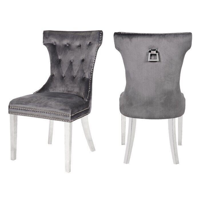 Dark gray velvet upholstery/ stainless steel legs dining chairs by Galaxy