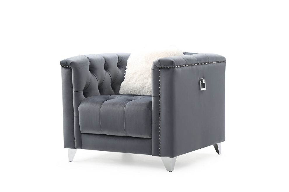 Gray finish luxurious velvet fabric beautiful modern design chair by Galaxy