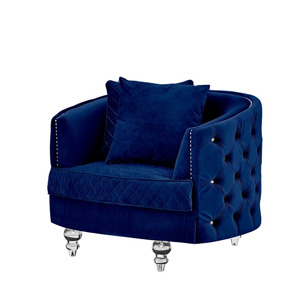 Blue finish luxurious soft velvet chesterfield chair by Galaxy