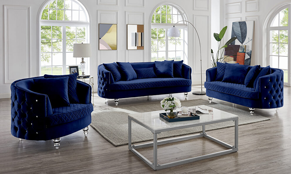 Blue finish luxurious soft velvet chesterfield sofa by Galaxy