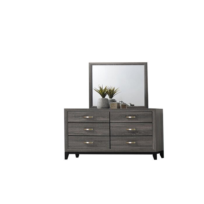 Clean midcentury lines and a gray rustic finish dresser by Galaxy