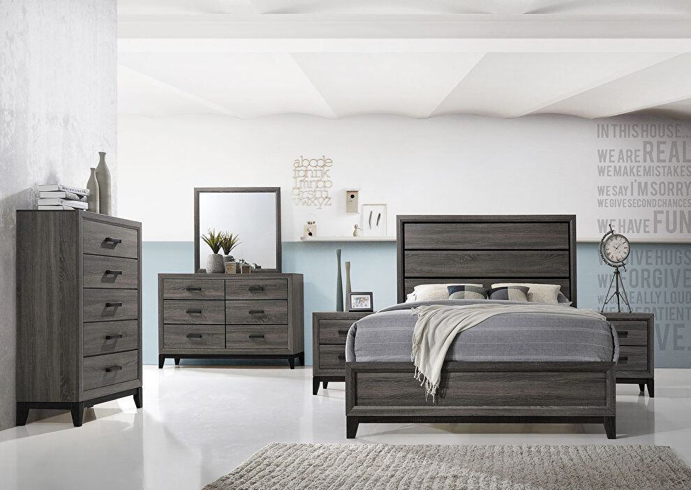 Clean midcentury lines and a gray rustic finish queen bed by Galaxy