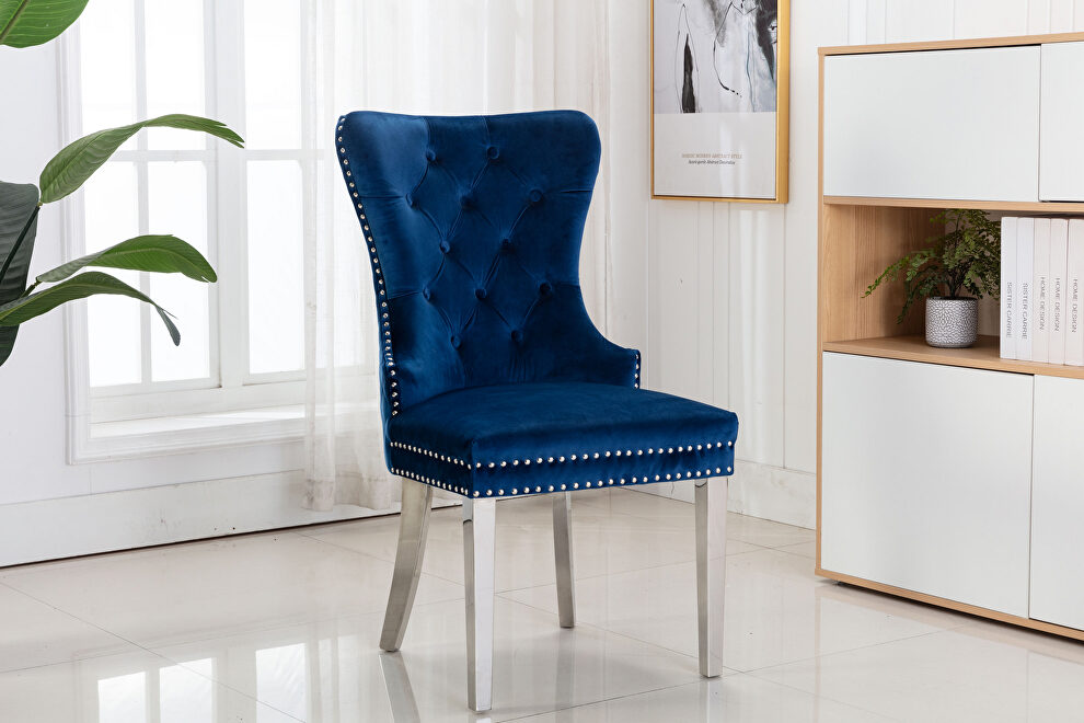 Blue velvet upholstery/ silver stainless steel legs dining chair by Galaxy