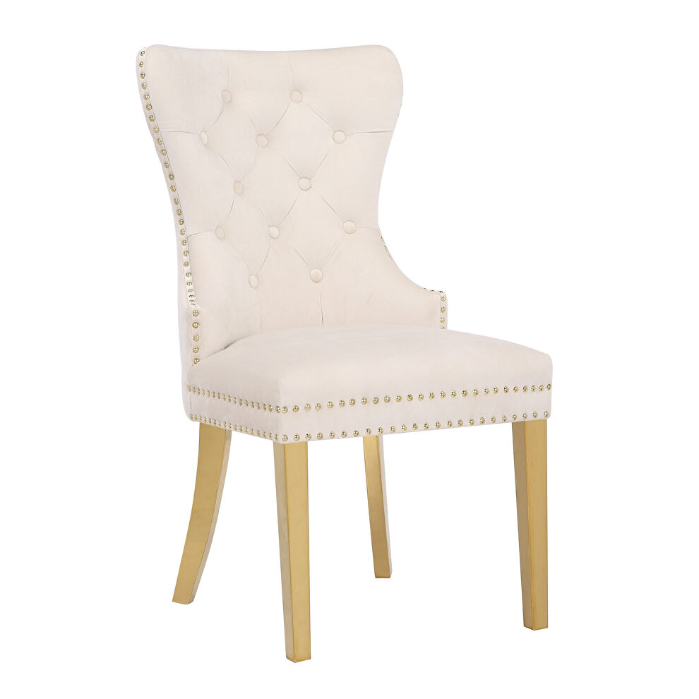 Beige velvet upholstery with gold legs dining chair by Galaxy