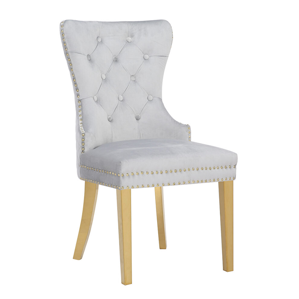 Light gray velvet upholstery with gold legs dining chair by Galaxy