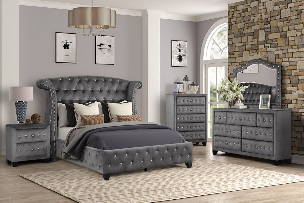 Gray velvet button tufted queen bed by Galaxy