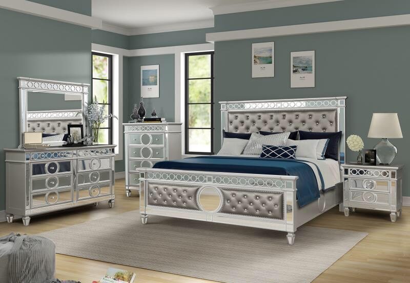 Silver finish with mirror front cases queen bed by Galaxy