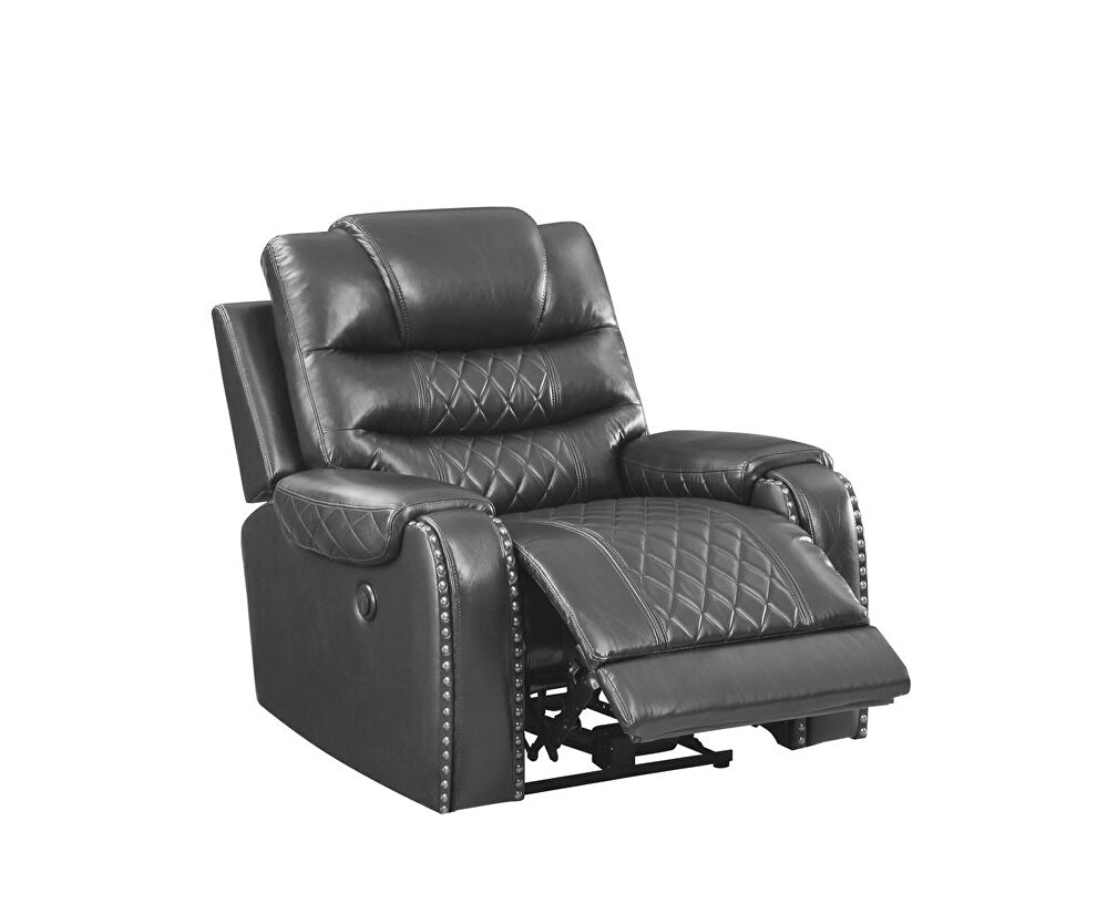 Power reclining chair made with leather gel upholstery in gray by Galaxy