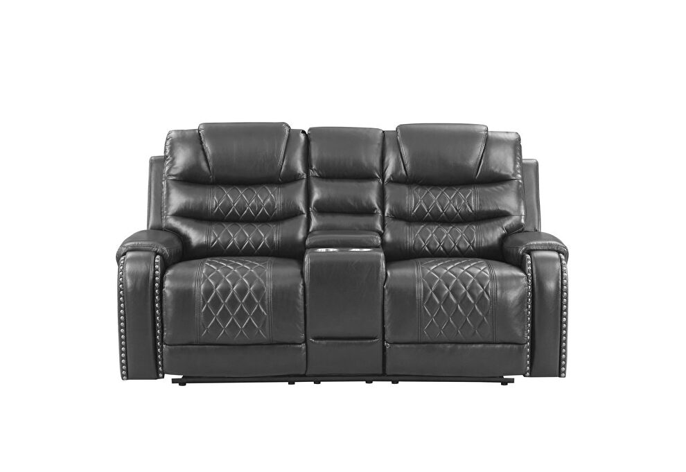 Power reclining loveseat made with leather gel upholstery in gray by Galaxy