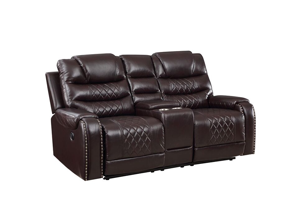 Power reclining loveseat made with leather gel upholstery in espresso by Galaxy