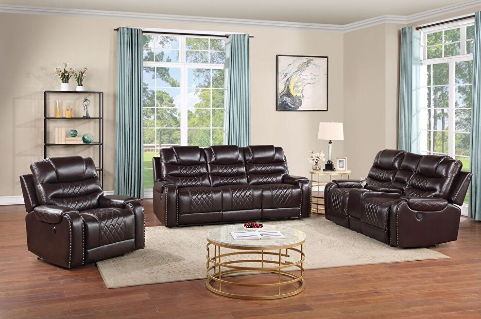 Power reclining sofa made with leather gel upholstery in espresso by Galaxy